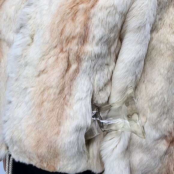 Vintage Elan Rabbit Fur Jacket Beige & Camel Striped Pattern Warm Soft Small S - Picture 7 of 15